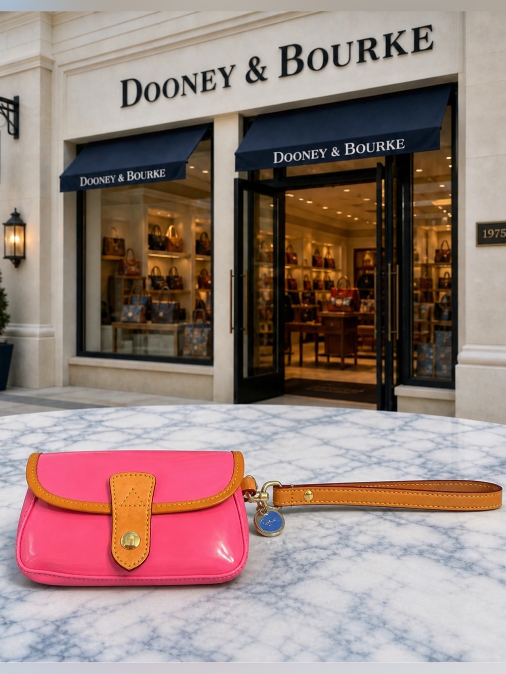 DOONEY & BOURKE Pink Patent Leather Wristlet Clutch / Camera Pouch Tan Trim EUC
